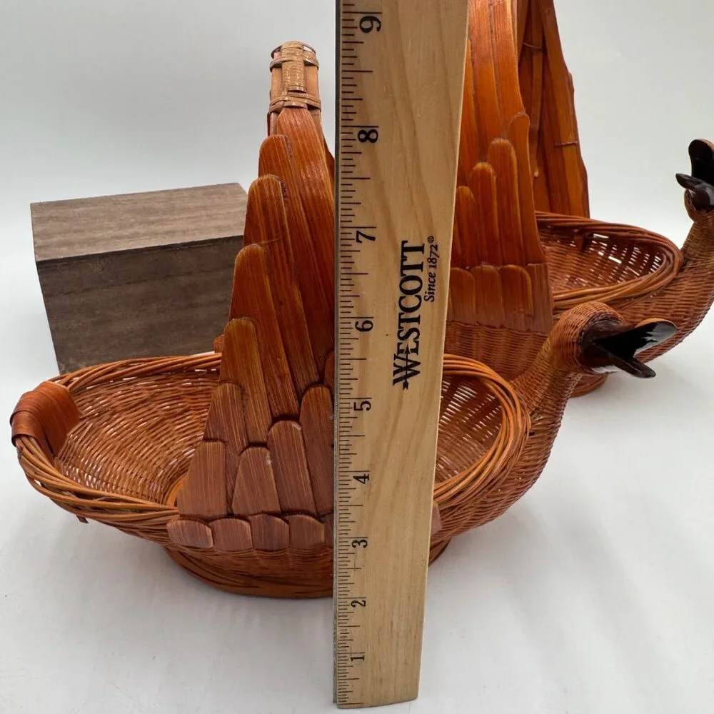 Goose or Swan Duck Nesting Baskets 1970s Mid Century Woven Wicker Rattan & Bambo